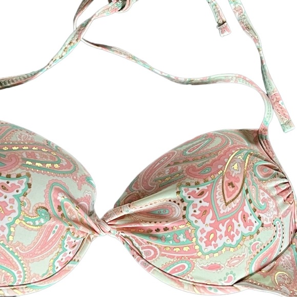 Forever 21 Bikini top Pink turquoise teal pastel paisley Molded Cups 26" - Picture 1 of 7